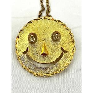 VTG Gold Happy Smile Face Pin Brooch Rhinestone Dangle Eyes With Necklace Chain